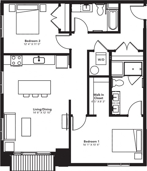 Floor plan for 2 beds, 2 baths, 1129 sqft